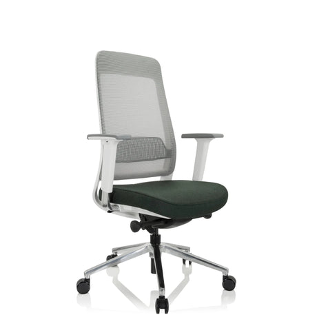 Silla de oficina profesional CHIARO T2 WHITE con respaldo de malla gris, asiento verde oscuro y estructura blanca de hjh OFFICE