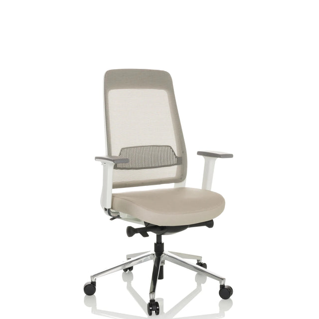 Silla de oficina profesional CHIARO T2 WHITE en beige y gris con respaldo de malla y estructura blanca de hjh OFFICE