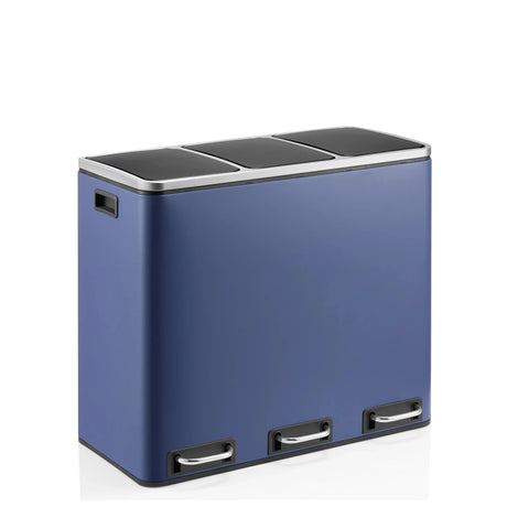 Papelera Clean 9 azul con tres compartimentos, asas y tapas plateadas de hjh OFFICE