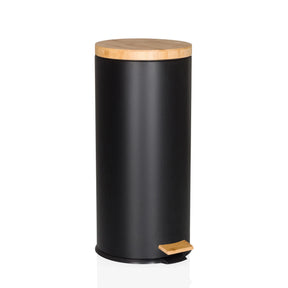 Papelera CLEAN BAMBOO en negro mate con tapa de madera y pedal de hjh OFFICE