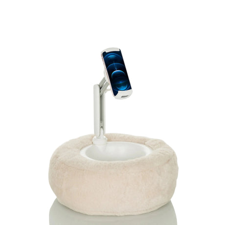 Soporte para teléfono móvil y tableta COMFILAP II beige con base de felpa y brazo articulado blanco de hjh OFFICE