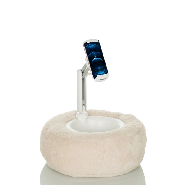 Soporte para teléfono móvil y tableta COMFILAP II beige con base de felpa y brazo articulado blanco de hjh OFFICE