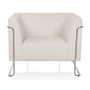 Sillón de diseño Curacao Cord blanco con tapicería de tela acanalada y estructura metálica plateada de hjh LIVING