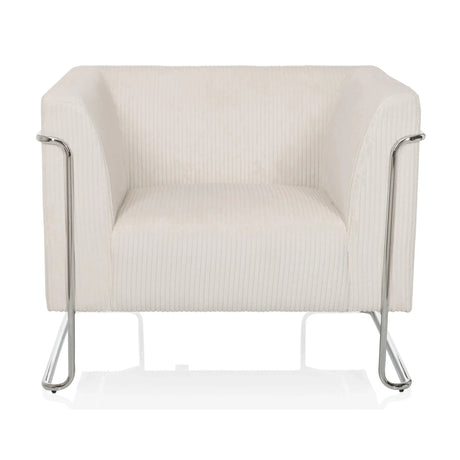 Sillón de diseño Curacao Cord blanco con tapicería de tela acanalada y estructura metálica plateada de hjh LIVING