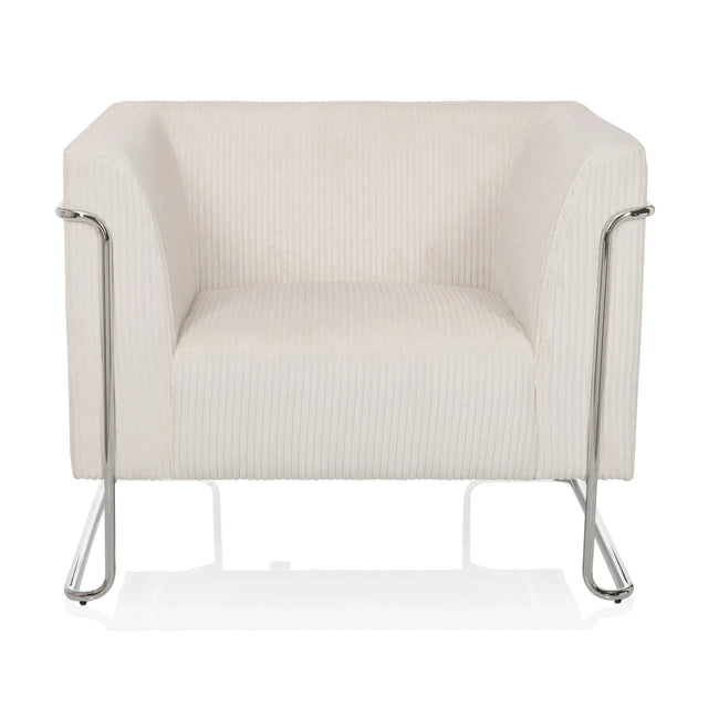 Sillón de diseño Curacao Cord blanco con tapicería de tela acanalada y estructura metálica plateada de hjh LIVING