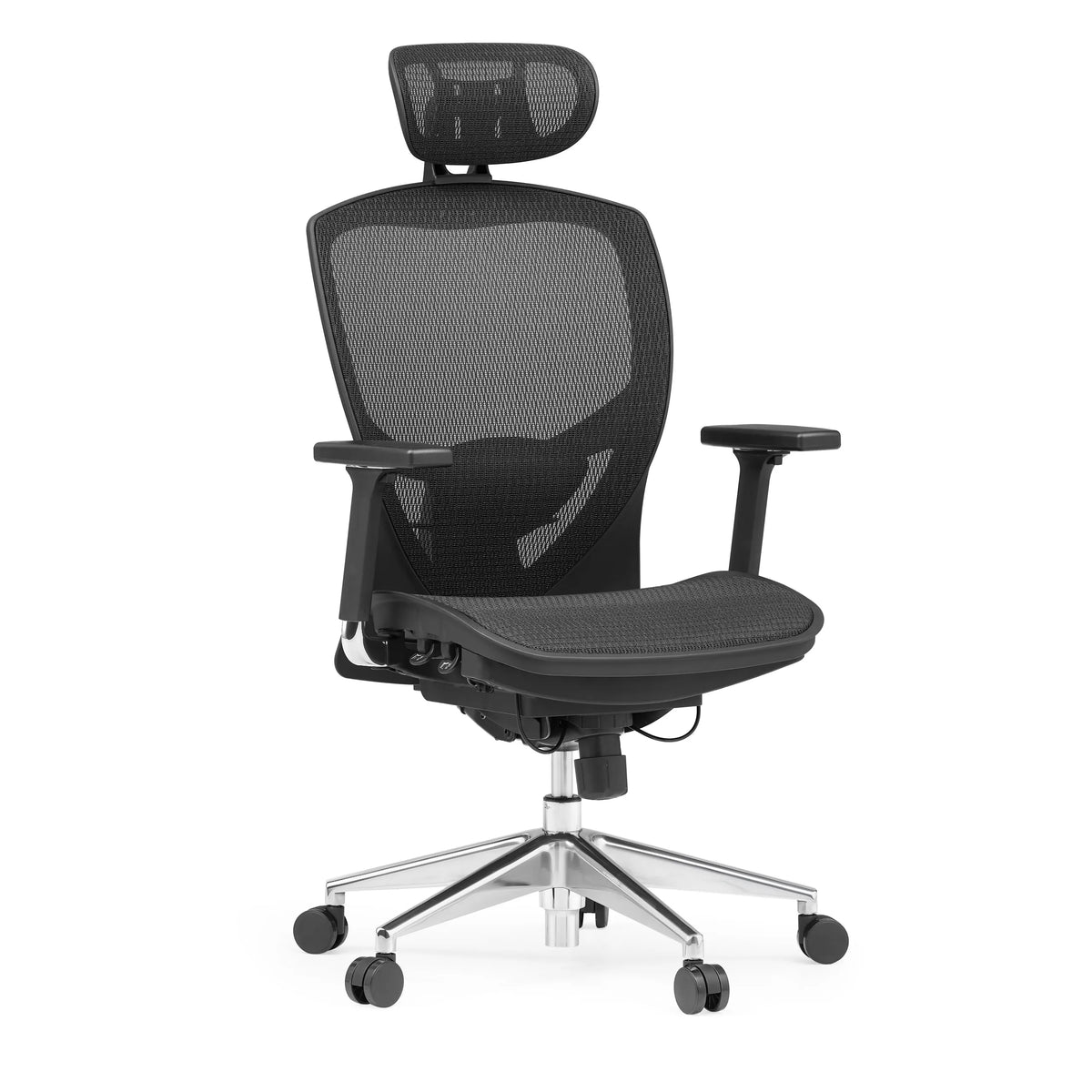 Silla alta gama VENUS ONE negra con respaldo de malla y base de cinco ruedas de hjh OFFICE – vista de 360° (vista frontal en diagonal 30°)