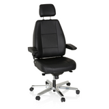 Silla giratoria XXL 24 HOURS negra de cuero con reposacabezas y base de cinco ruedas de hjh OFFICE – vista de 360° (vista frontal 20°)