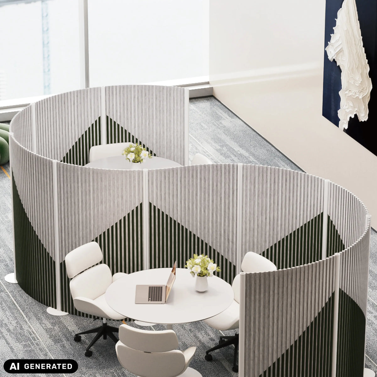 Separadores Flexmiut Wave grises de protección visual y acústica con patrón geométrico de hjh OFFICE (imagen generada por IA)