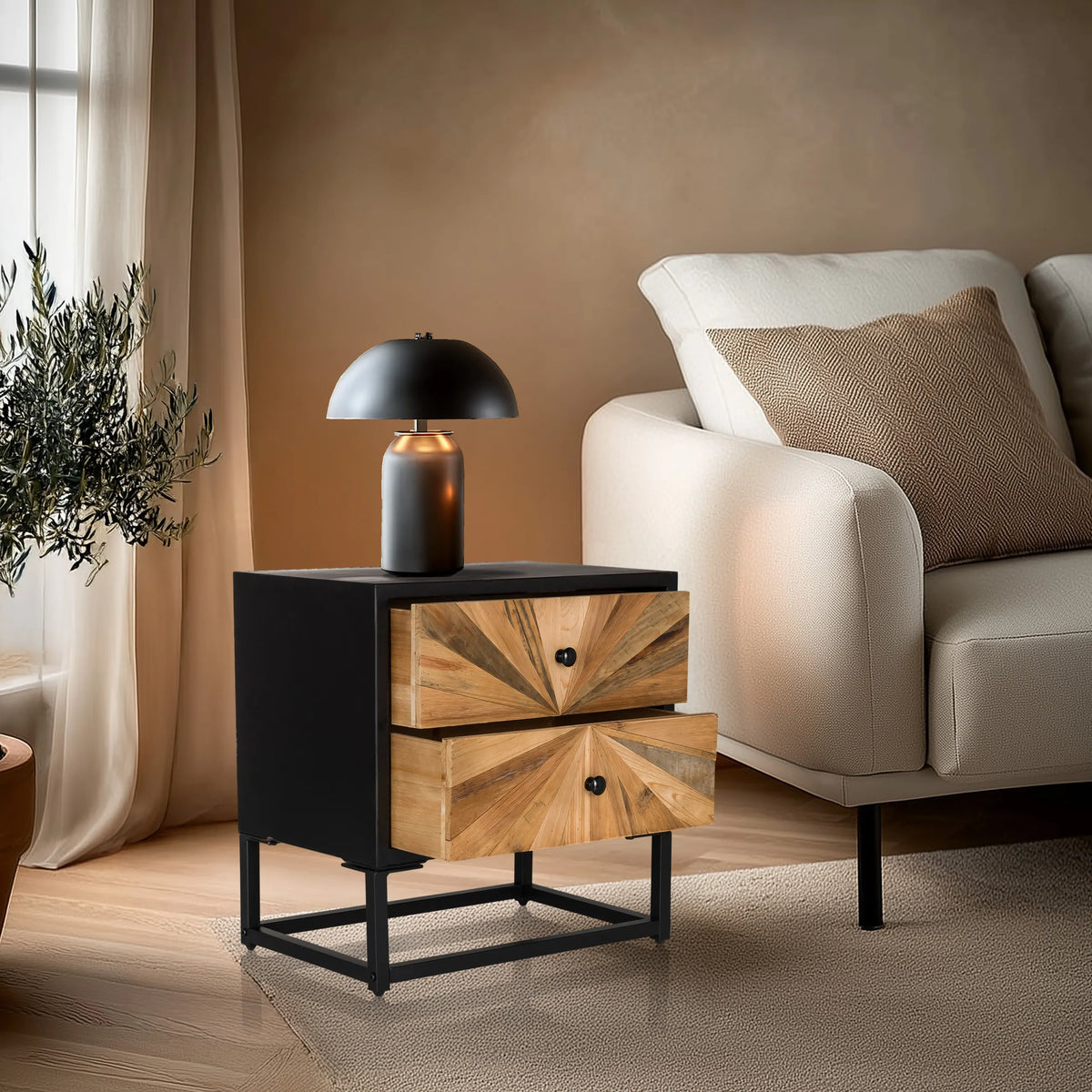 Aparador SANTJAGO BLACK SUN S en negro con dos cajones color madera y una estructura metálica de hjh LIVING