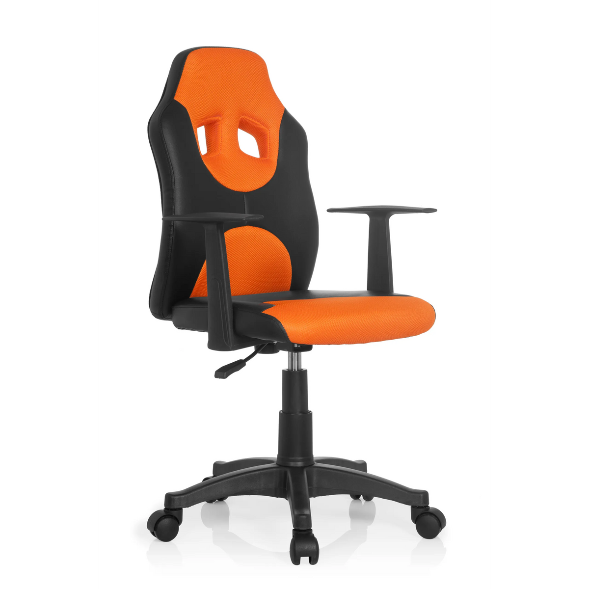 Silla giratoria para niños KID GAME AL en color negro y naranja con respaldo de malla y base de cinco ruedas de hjh OFFICE – vista de 360° (vista frontal en diagonal 40°)