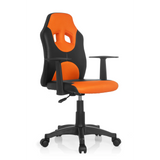 Silla giratoria para niños KID GAME AL en color negro y naranja con respaldo de malla y base de cinco ruedas de hjh OFFICE – vista de 360° (vista frontal en diagonal 40°)