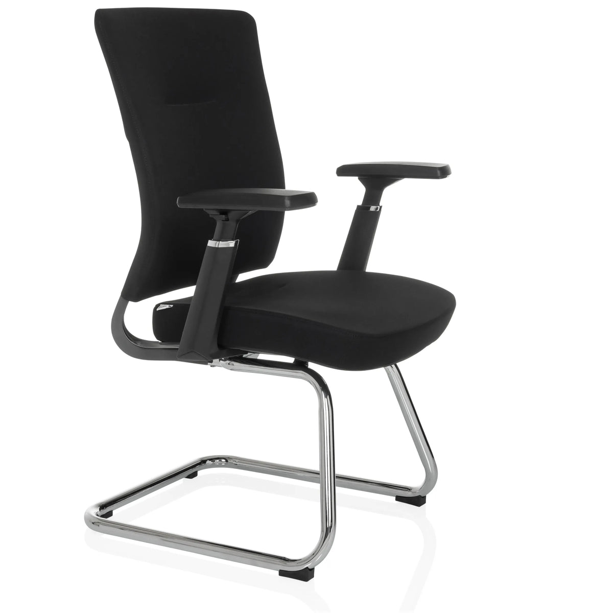 Schwarzer Freischwinger CAPTIVO PRO V mit Armlehnen und Stoffbezug von hjh OFFICE – 360-Grad-Ansicht (schräge Frontansicht 60°)