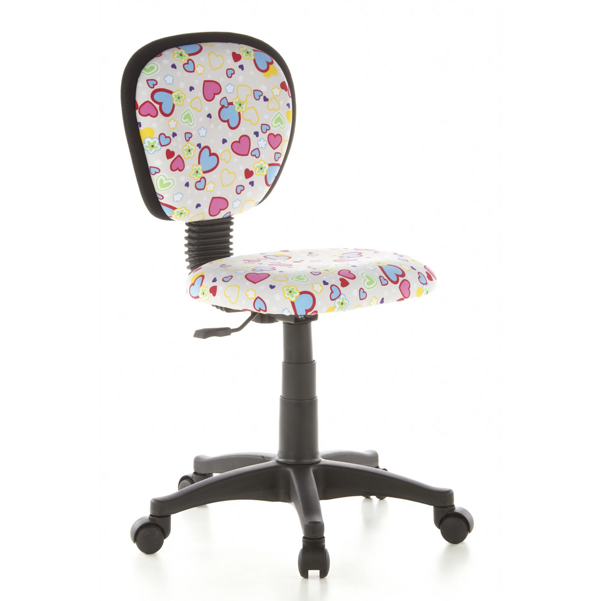 Silla giratoria para niños KIDDY TOP con estampado colorido de corazones y flores y base de cinco ruedas de hjh OFFICE – vista de 360° (vista frontal en diagonal 40°)