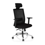 Sillón de oficina profesional CAPTIVA negro con respaldo de malla, reposacabezas y base de cinco ruedas de hjh OFFICE – vista de 360° (vista frontal en diagonal 40°)