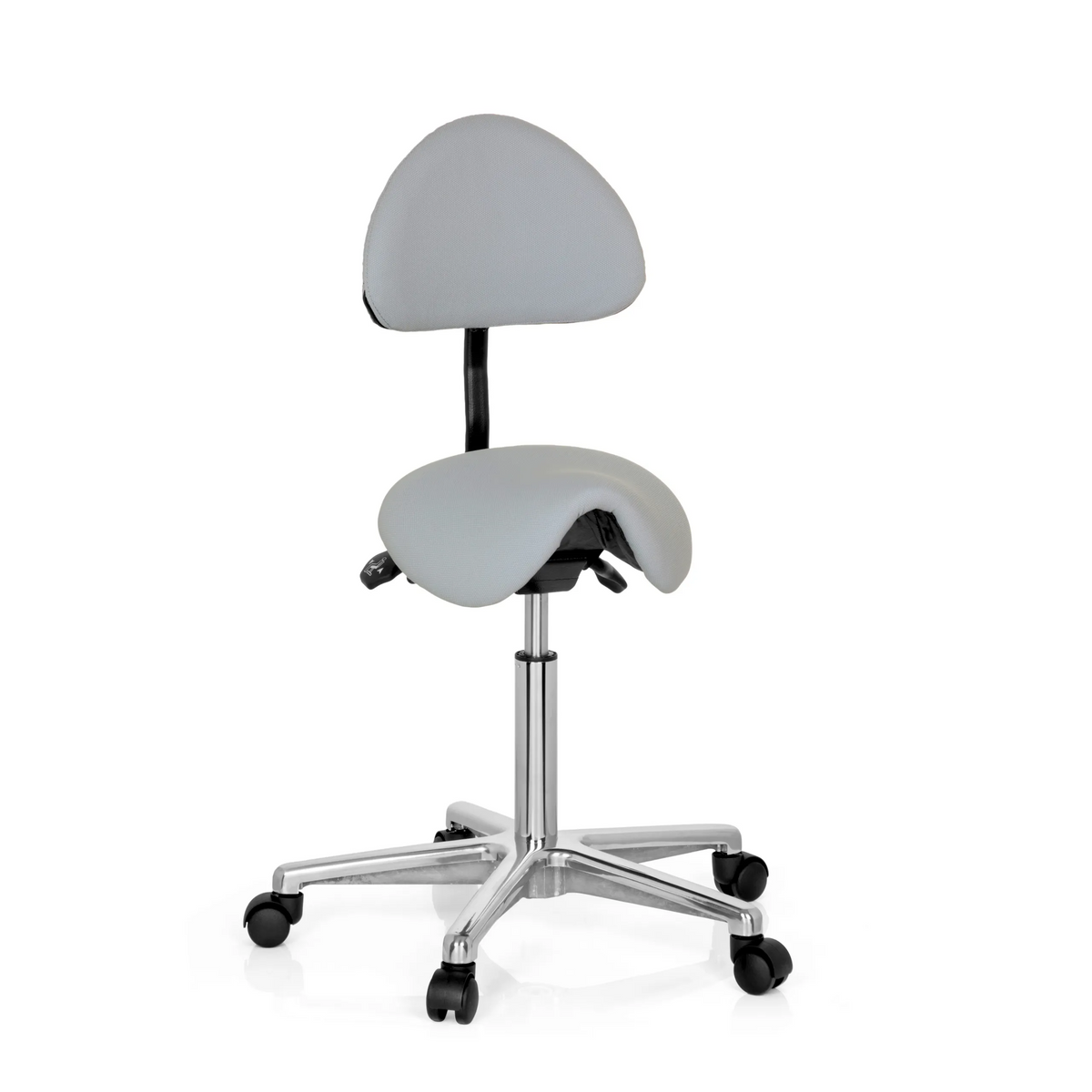 taburete de silla de montar TOP WORK 20 gris con respaldo y base de cinco ruedas de hjh OFFICE – vista de 360° (vista frontal 20°)