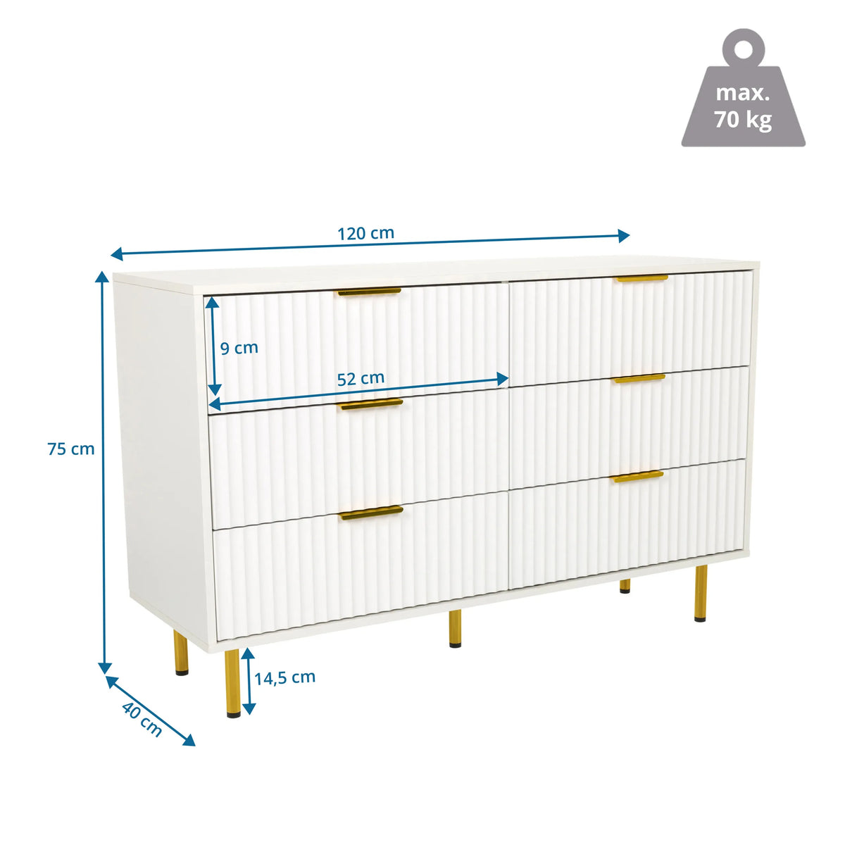 Plano dimensional del aparador HJELLE con un ancho de 120 cm y una altura de 75 cm de hjh LIVING