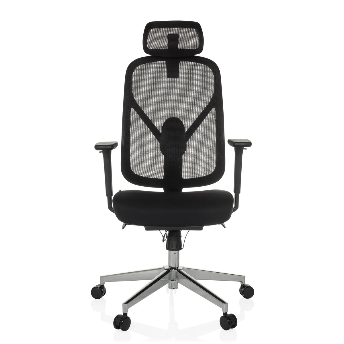 Silla de oficina profesional RALOO PRO negra con respaldo de malla y base de cinco ruedas de hjh OFFICE – vista de 360° (vista frontal 0°)