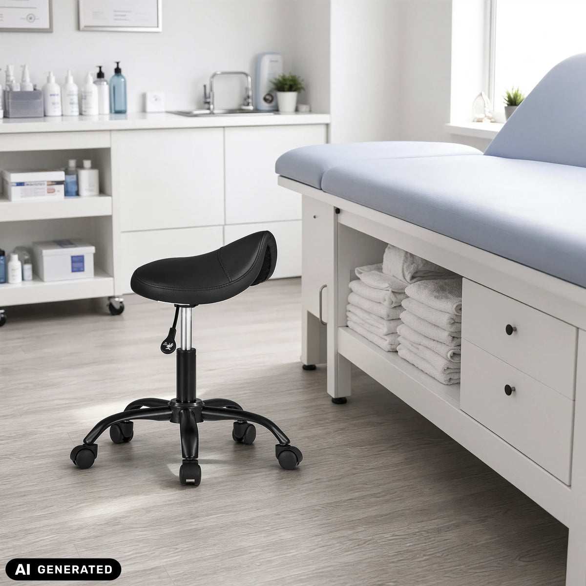 Taburete de montar negro Sattix con cinco ruedas en una sala de tratamiento de hjh OFFICE (imagen generada por IA)