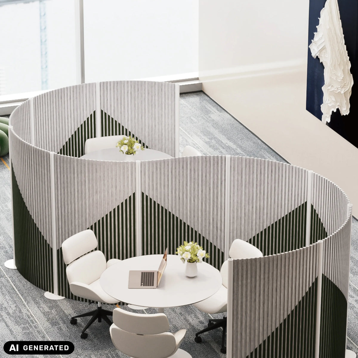 Separadores Flexmiut Wave grises de protección visual y acústica con patrón geométrico de hjh OFFICE (imagen generada por IA)