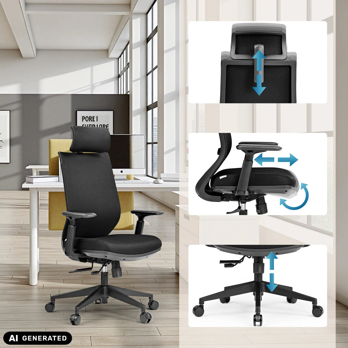 Reposacabezas, reposabrazos y altura del asiento ajustables de la silla de oficina profesional Profondo F de hjh OFFICE (imagen generada por IA)