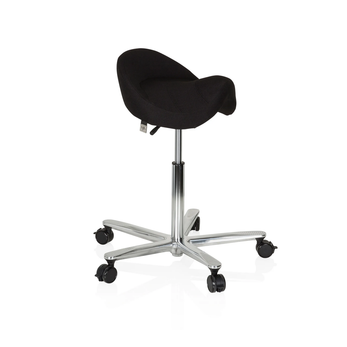 taburete de silla de montar MOVE-TEC 3D PRO I negro con una base de cinco ruedas de hjh OFFICE – vista de 360° (vista frontal en diagonal 60°)
