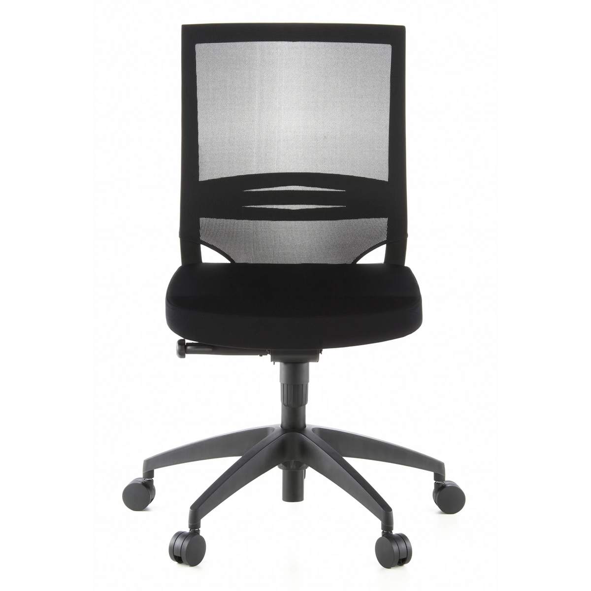 Silla de oficina profesional PORTO ECO negra con respaldo de malla y base de cinco ruedas de hjh OFFICE – vista de 360° (vista frontal 0°)