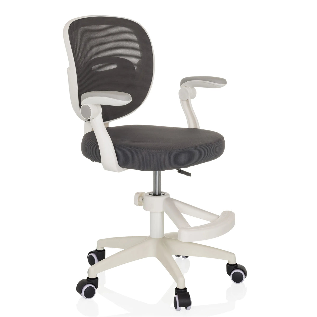 Silla giratoria para niños KIDDY SMART gris con respaldo de malla y base blanca de cinco ruedas de hjh OFFICE – vista de 360° (vista frontal en diagonal 45°)