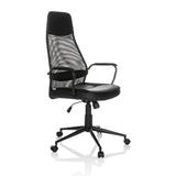 Sillón de oficina Home Office MARCOZ negro con respaldo de malla y base de cinco ruedas de MyBuero – vista de 360° (vista frontal en diagonal 45°)