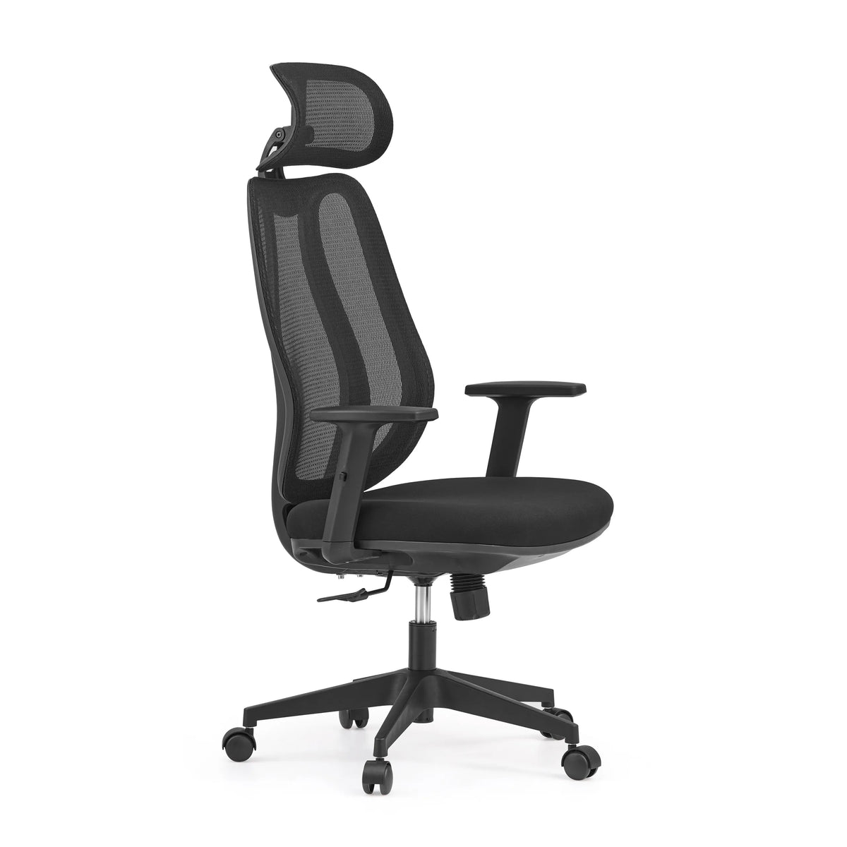 Silla de oficina profesional Filaro en color negro con respaldo de malla, reposacabezas y base de cinco ruedas de hjh OFFICE – vista de 360° (vista frontal en diagonal 60°)