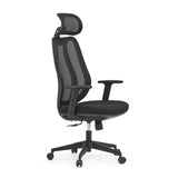 Silla de oficina profesional Filaro en color negro con respaldo de malla, reposacabezas y base de cinco ruedas de hjh OFFICE – vista de 360° (vista frontal en diagonal 60°)