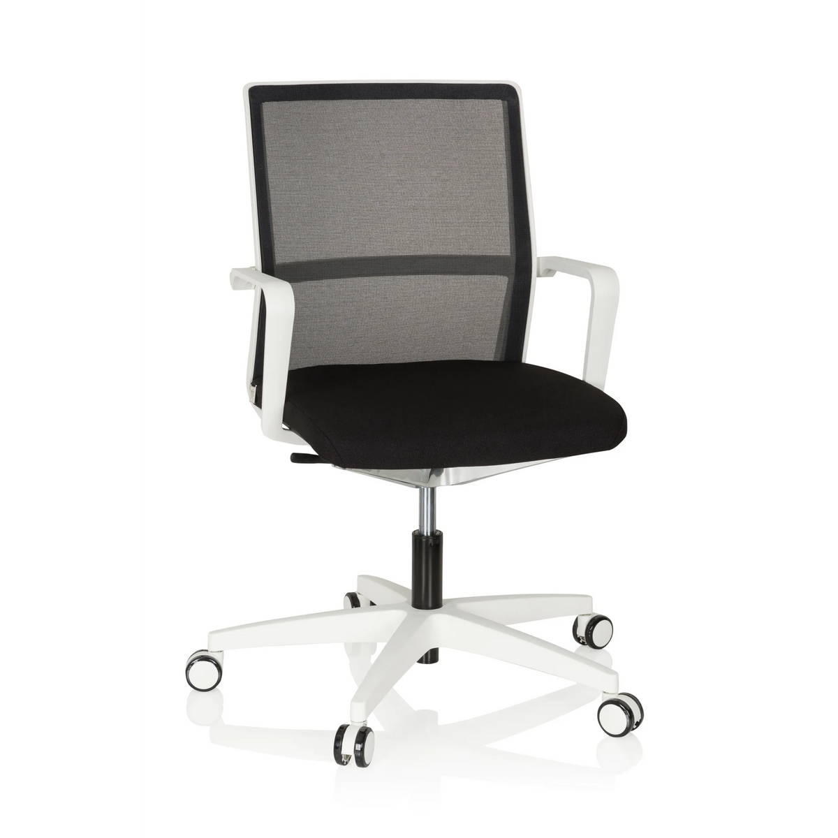 Silla de oficina profesional MOVE-TEC NET 3D W en blanco y negro con respaldo de malla y base blanca de cinco ruedas de hjh OFFICE – vista de 360° (vista frontal 20°)