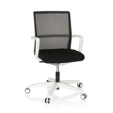 Silla de oficina profesional MOVE-TEC NET 3D W en blanco y negro con respaldo de malla y base blanca de cinco ruedas de hjh OFFICE – vista de 360° (vista frontal 20°)