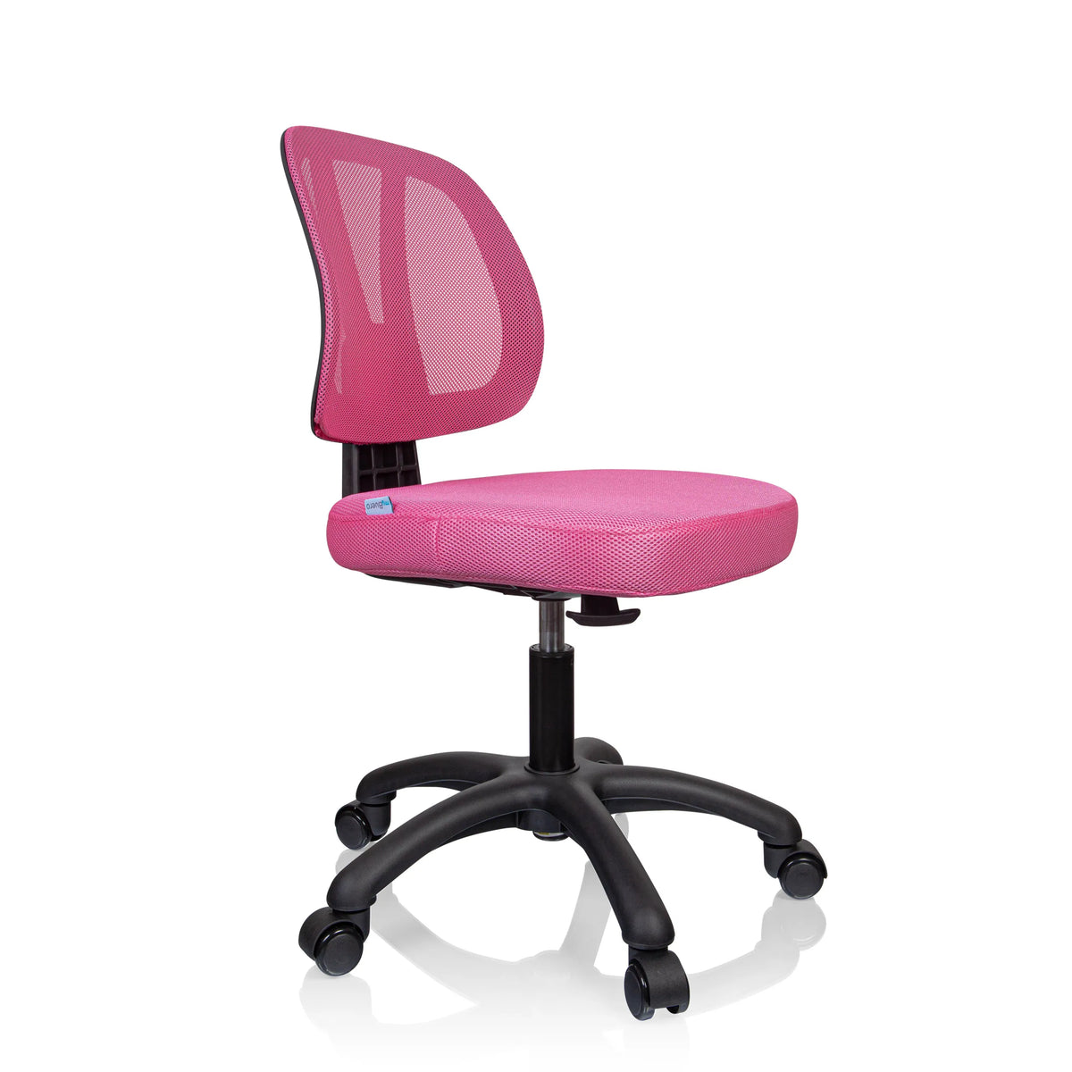 Silla giratoria para niños KID YU 200 rosa con respaldo de malla y base negra de cinco ruedas de hjh OFFICE – vista de 360° (vista frontal en diagonal 60°)