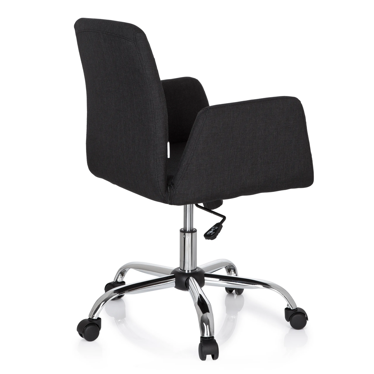 Silla Home Office FLOW negra con reposabrazos y base brillante de cinco ruedas de hjh OFFICE – vista de 360° (vista trasera en diagonal 120°)