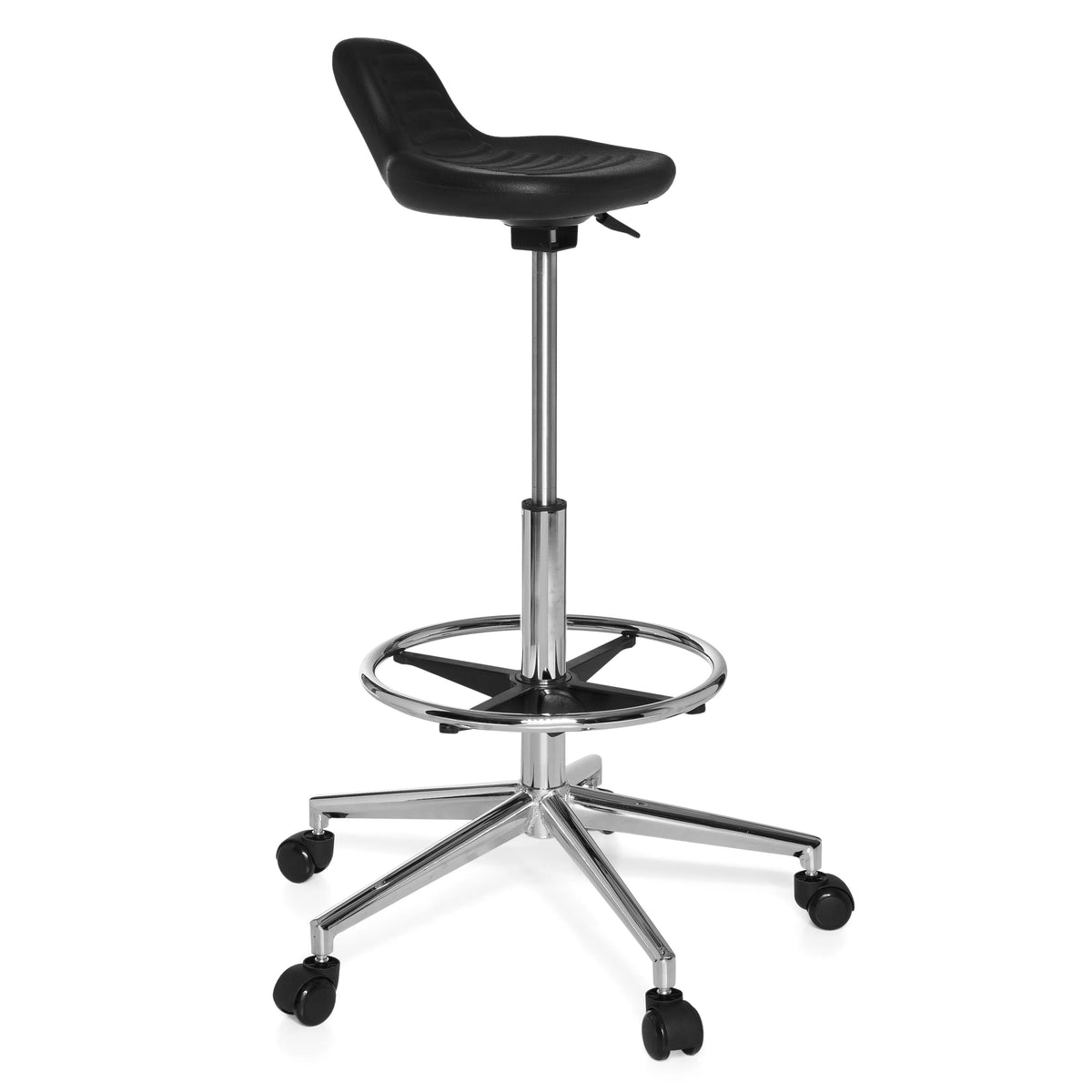 taburete giratorio negro TOP WORK 03 con aro reposapiés y base de cinco ruedas de hjh OFFICE – vista de 360° (vista frontal en diagonal 60°)