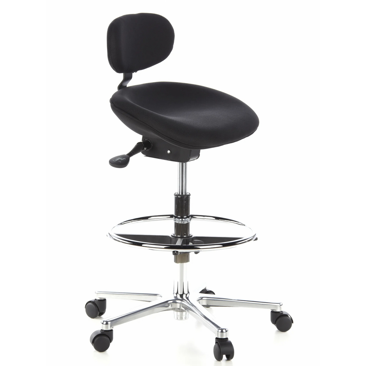 Silla de mostrador WORK MF negra con aro reposapiés y base de cinco ruedas de hjh OFFICE – vista de 360° (vista frontal en diagonal 60°)