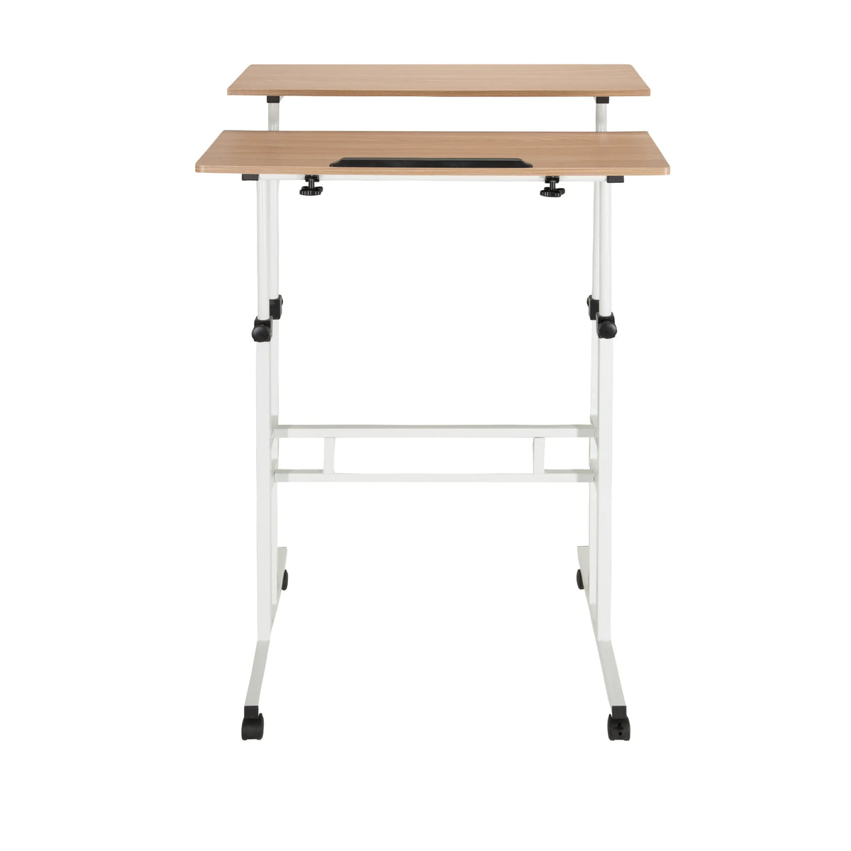 Escritorio de pie blanco WORKSTATION I con tablero de roble y ruedas de hjh OFFICE – vista de 360° (vista frontal 0°)