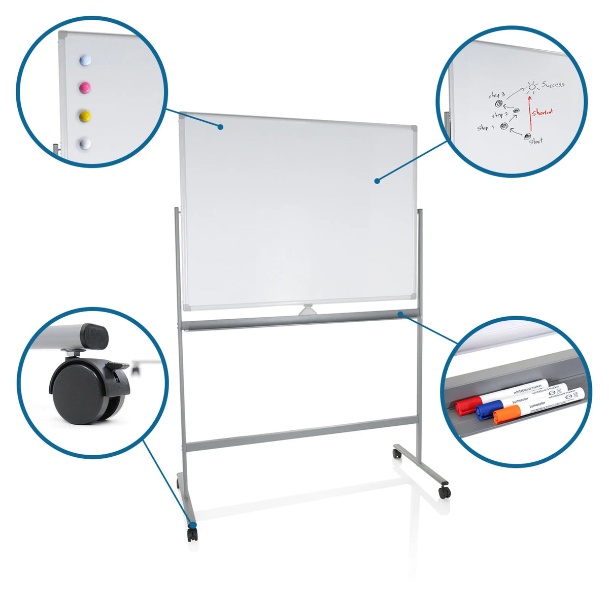 Pizarra blanca MULTIBOARD I en blanco-plata con ruedas, rotuladores magnéticos y bandeja de hjh OFFICE