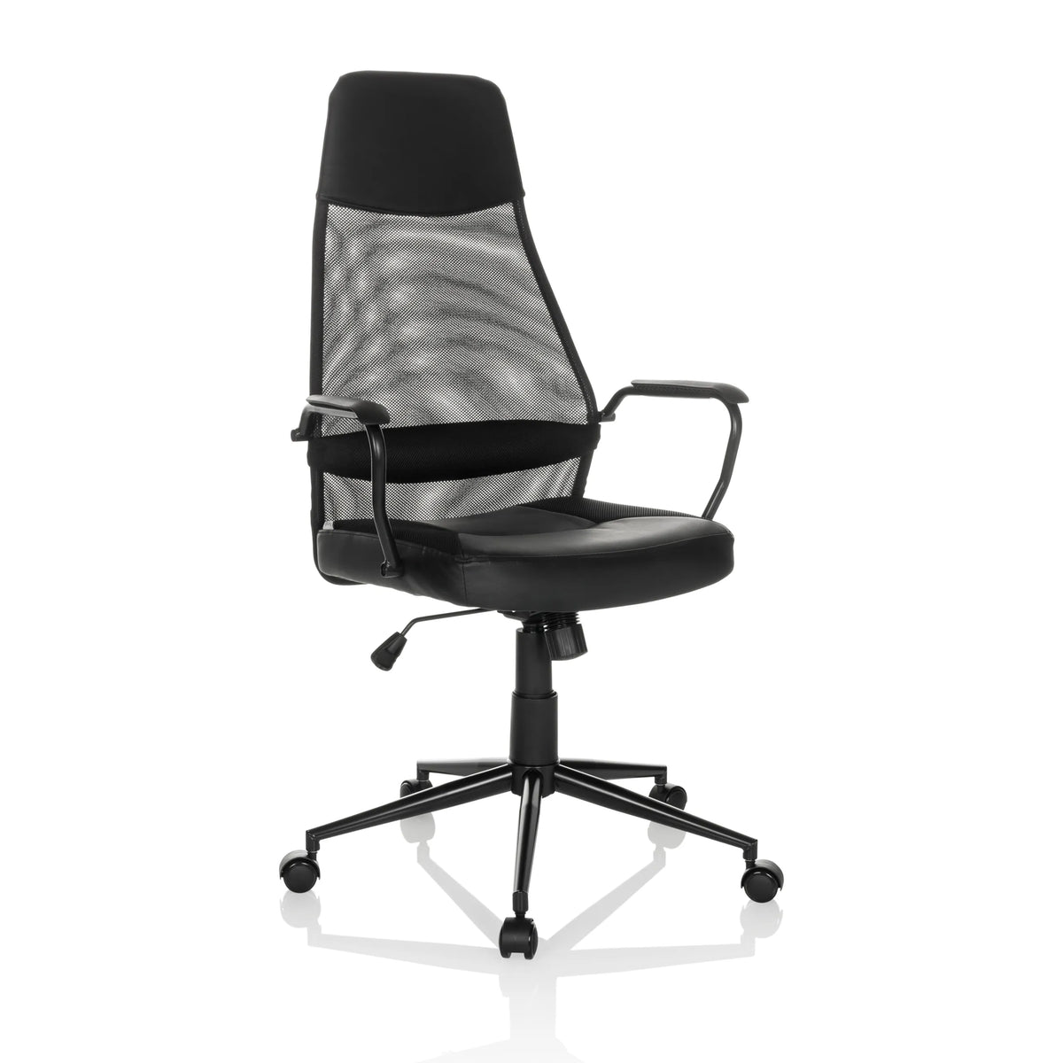 Sillón de oficina Home Office MARCOZ negro con respaldo de malla y base de cinco ruedas de MyBuero – vista de 360° (vista frontal en diagonal 30°)