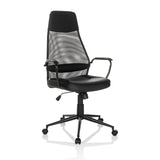 Sillón de oficina Home Office MARCOZ negro con respaldo de malla y base de cinco ruedas de MyBuero – vista de 360° (vista frontal en diagonal 30°)