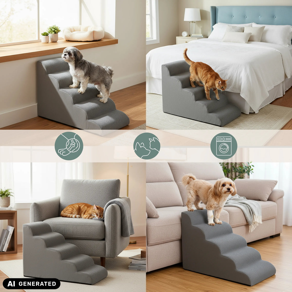 Escalera para mascotas PAWY STEP 5 gris con tres escalones en diferentes entornos domésticos de hjh LIVING (imagen generada por IA)