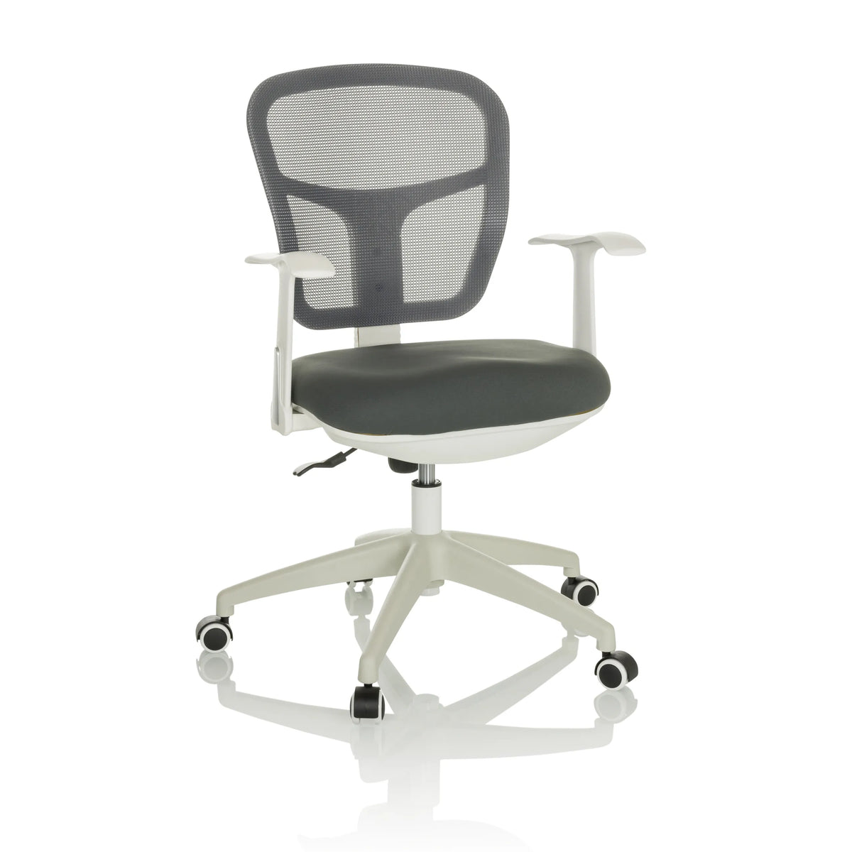 Silla Home Office TOP 108 W gris con respaldo de malla y base de cinco ruedas de hjh OFFICE – vista de 360° (vista frontal 15°)