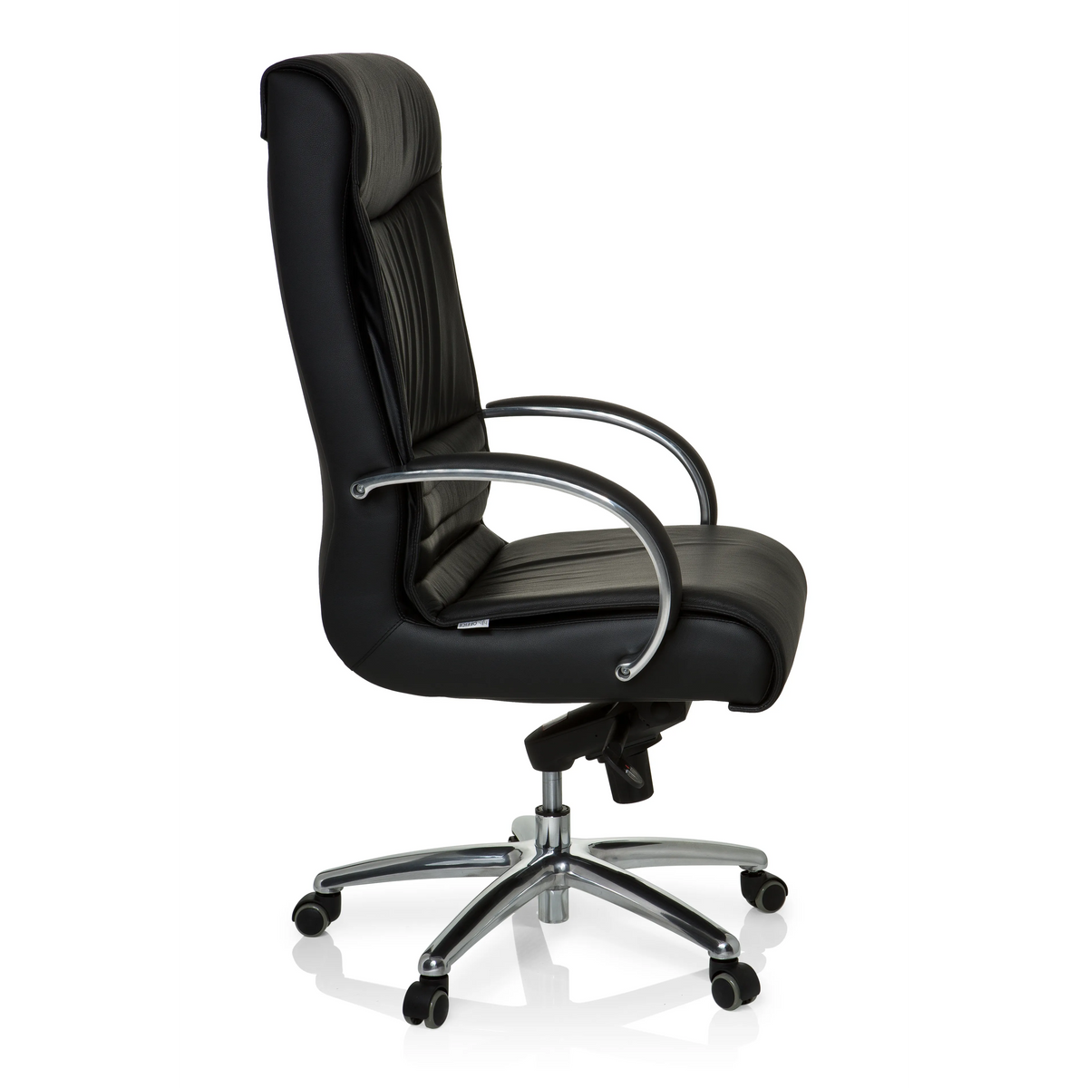 Schwarzer Drehstuhl XXL F 400 aus Leder mit Fußkreuz und fünf Rollen von hjh OFFICE – 360-Grad-Ansicht (Seitenprofil 80°)