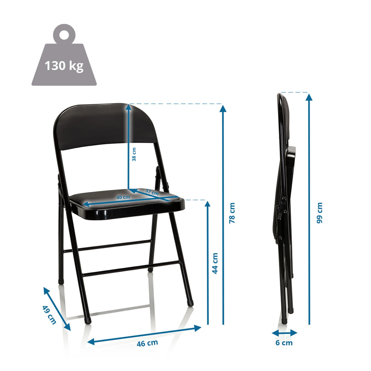 Dibujo dimensional de la silla plegable TUDELA con una altura total de 78 cm y una capacidad de carga de 130 kg de hjh OFFICE