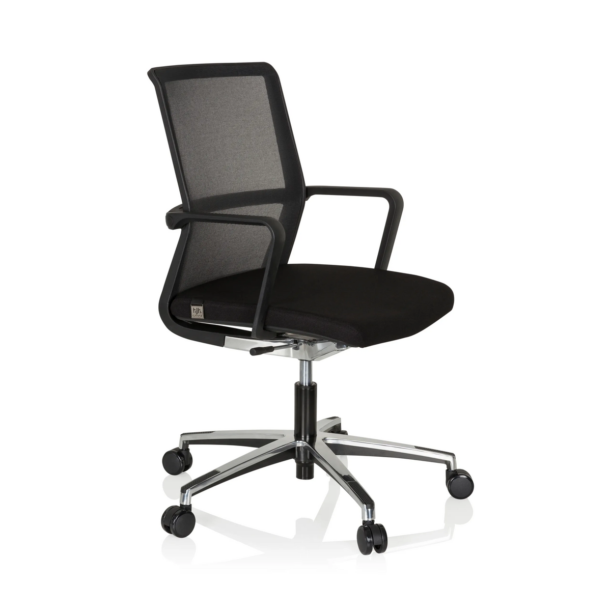 Silla de oficina profesional MOVE-TEC NET 3D negra con respaldo de malla y base de cinco ruedas de hjh OFFICE – vista de 360° (vista frontal en diagonal 60°)