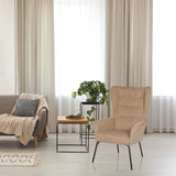 Sillón tapizado beige HAVENIO con respaldo alto y patas de metal negras de hjh LIVING