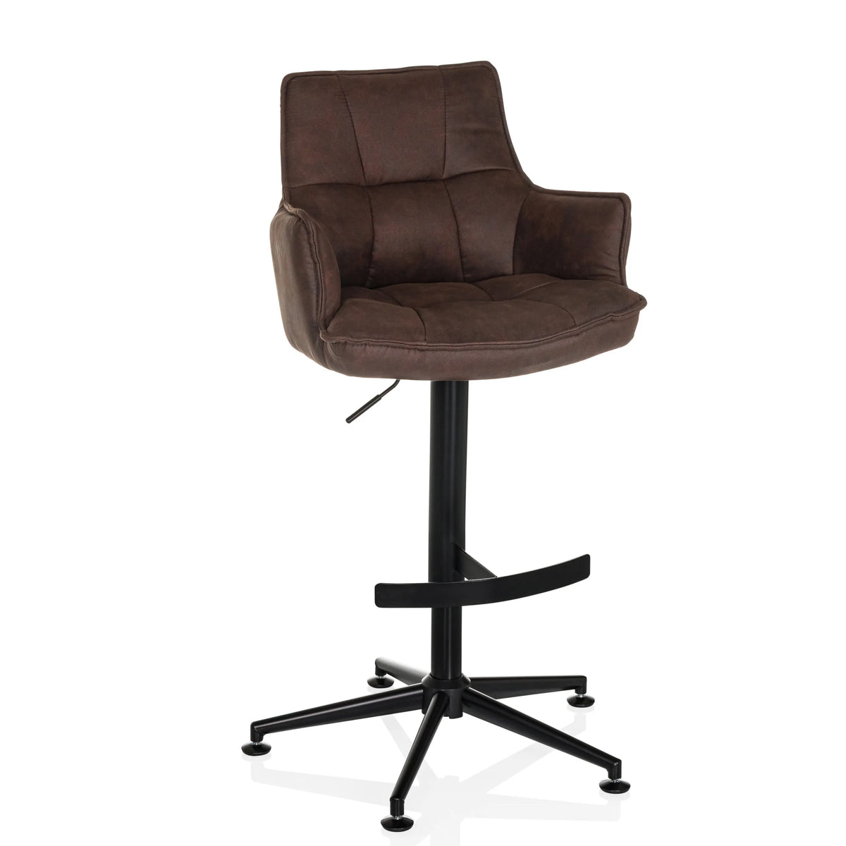 Taburete de bar SOLAO LIFE HIGH marrón con tapizado acolchado y base negra de hjh LIVING – vista de 360° (vista frontal 15°)