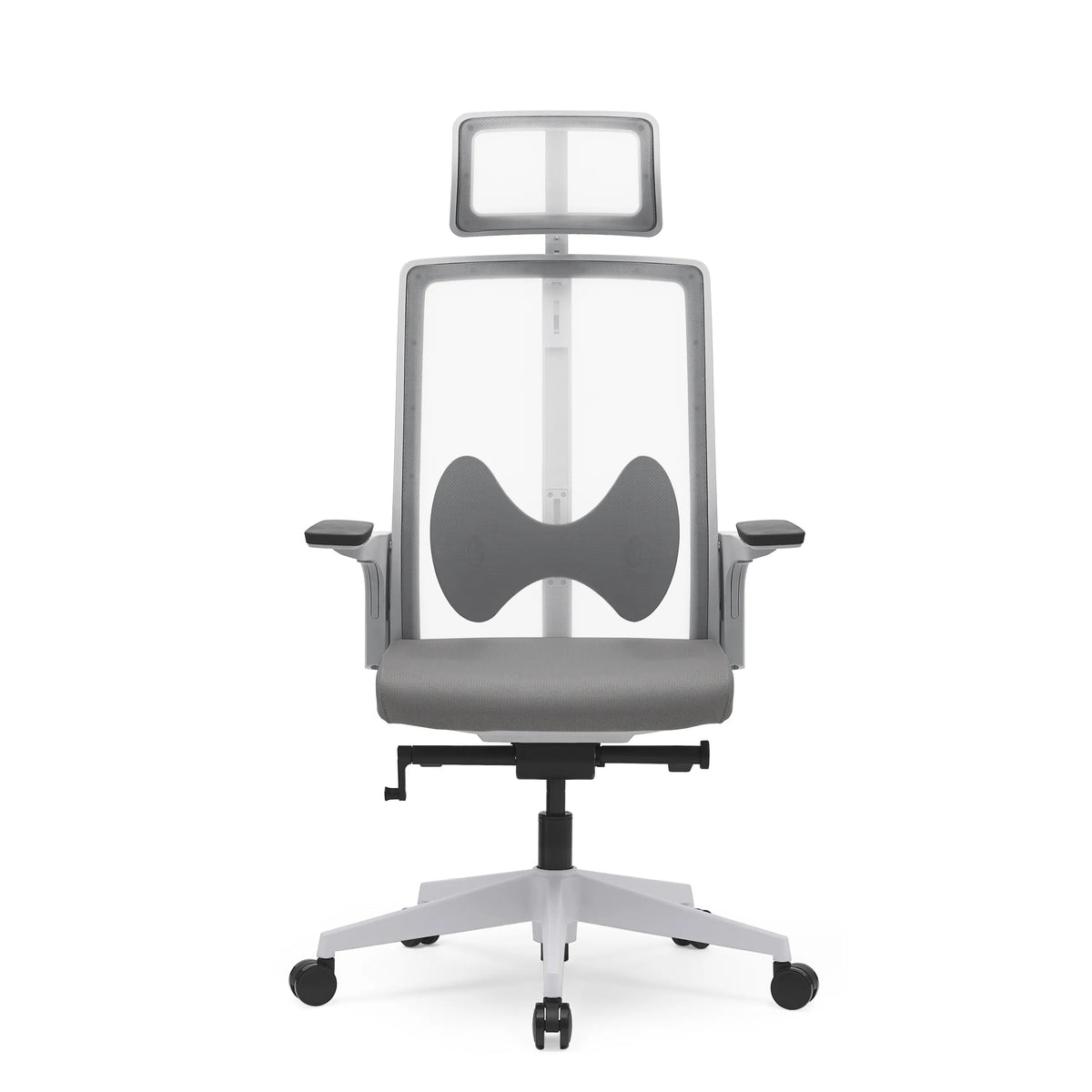 Silla de oficina profesional ARCEO W gris con respaldo de malla, reposacabezas y base de cinco ruedas de hjh OFFICE – vista de 360° (vista frontal 0°)