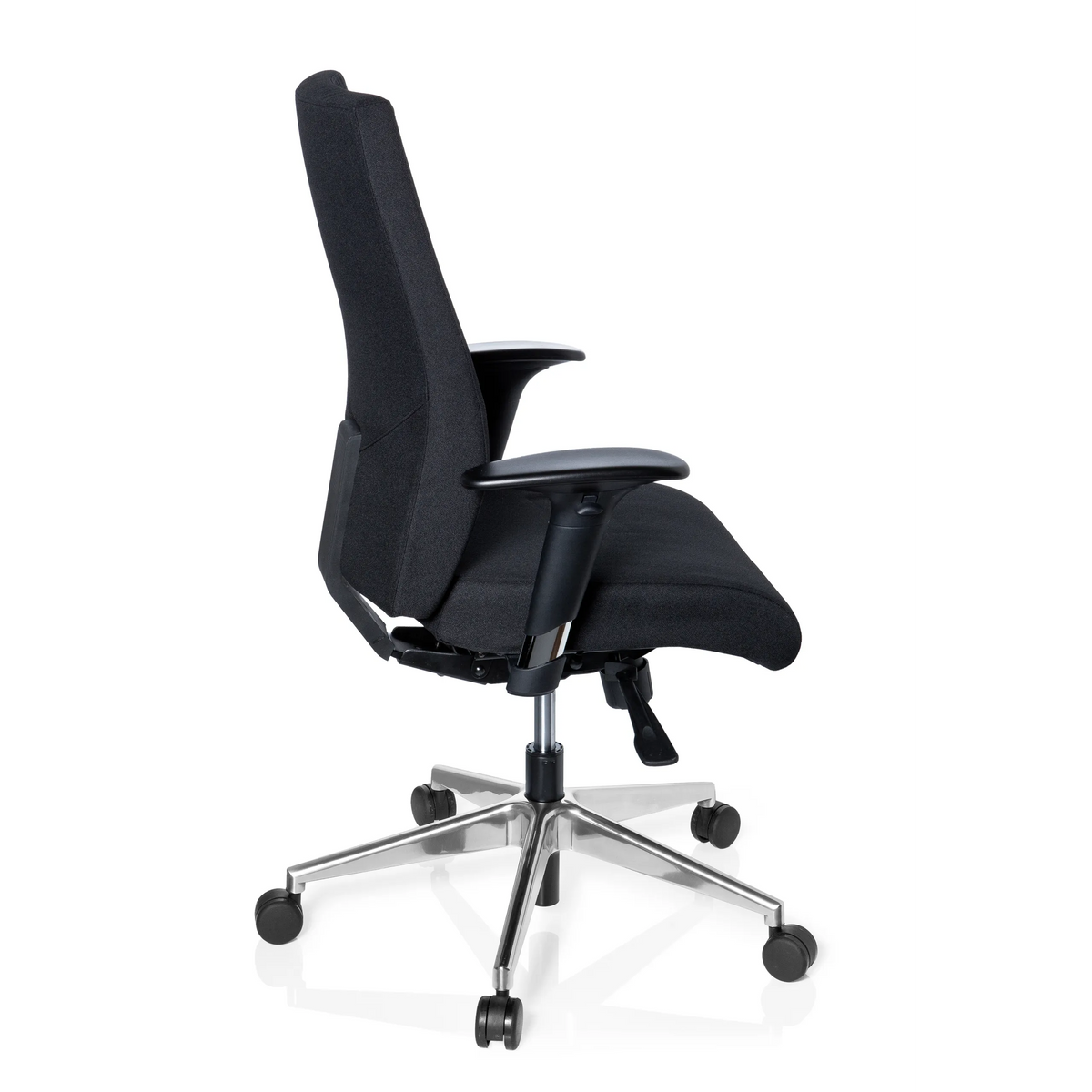 Silla de oficina profesional PRO-TEC 250 negra con reposabrazos y base de cinco ruedas de hjh OFFICE – vista de 360° (vista lateral 100°)