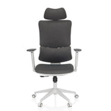 Silla Home Office ERGOMY WF gris con tapizado de tela, estructura blanca y base de cinco ruedas de MyBuero – vista de 360° (vista frontal 0°)